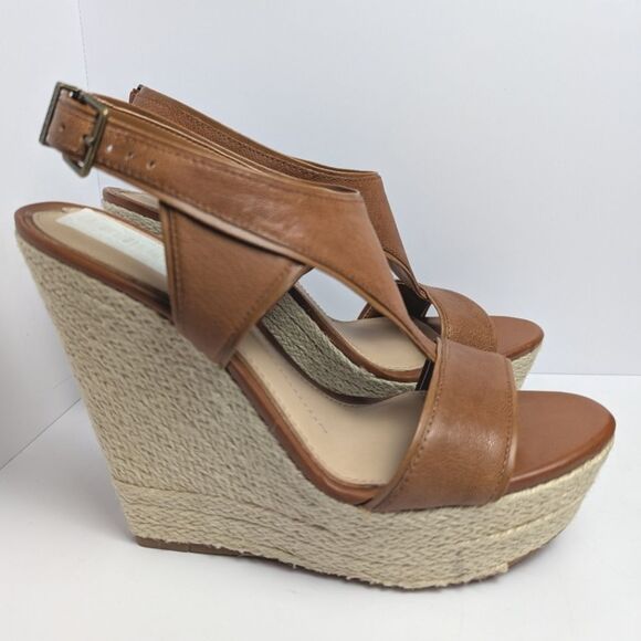Gianni Bini Tan Leather Wedge Espadrille Sandals Slingback Heels Womens 9 - Picture 4 of 8